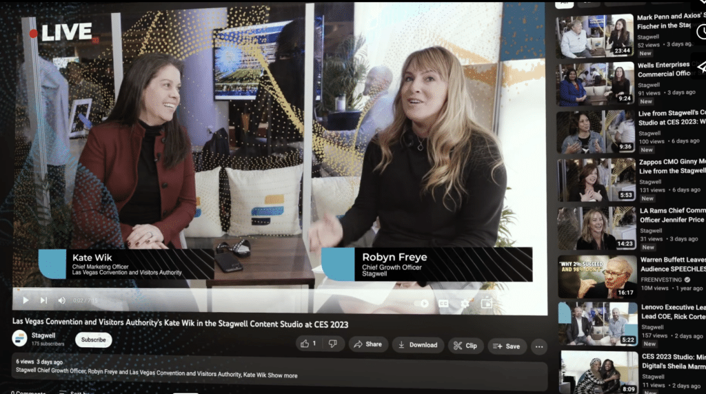 Live coverage from stagwell at ces with two women in an interview with stagwell branding behind them live on youtube. 