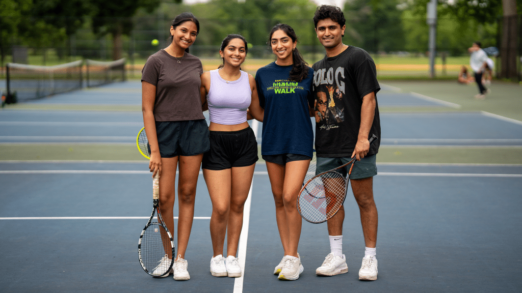 Acadia Pharmaceuticals with Keerthana posing with friends playing tennis