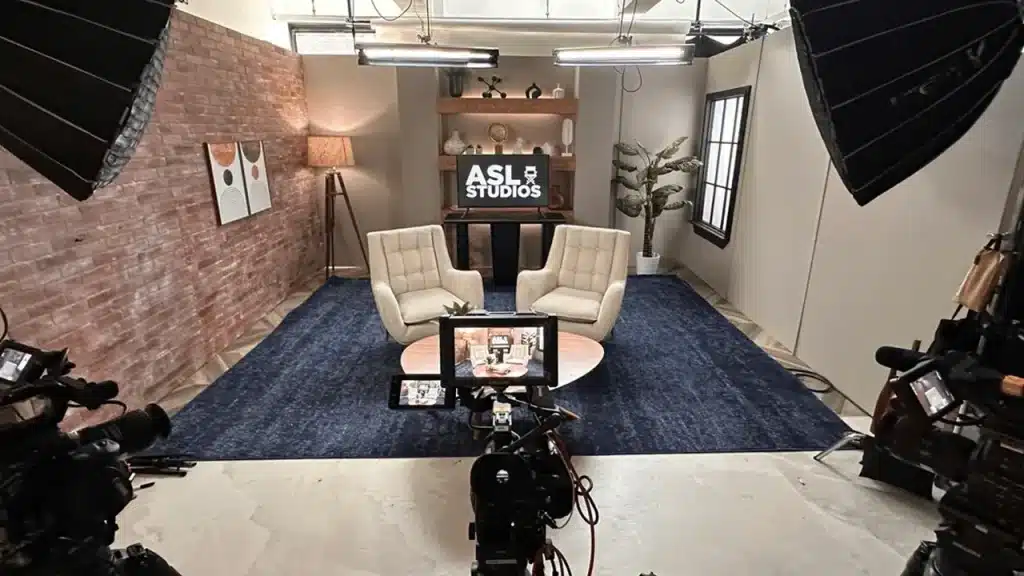 living room set video studio standing set with brick wall at new york city video studio